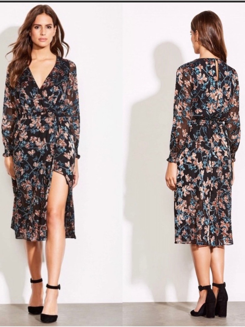 ALI & JAY Black Floral Wrap Midi Dress with Blue and Tan Flowers